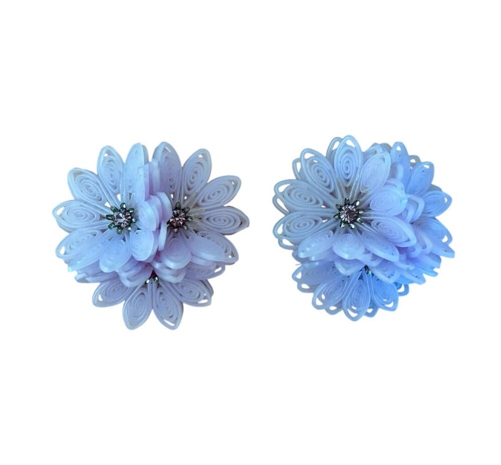 Vintage 1960s Purple Daisy Flower Clip On Earrings Rhinestone Center 1.75"